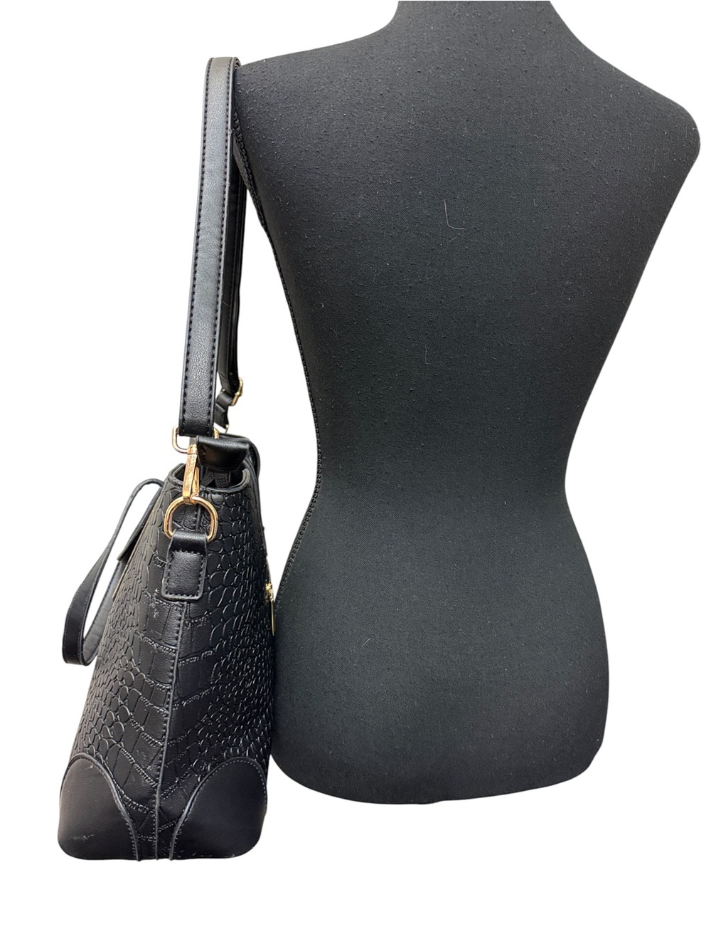 Black Croc Embossed Satchel Tote Bag | Gold Hardware | Shoulder & Crossbody Styl - Picture 9 of 10